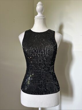 JS COLLECTIONS Vintage Black Sequin Glam Whimsigoth Party Tank Top Small